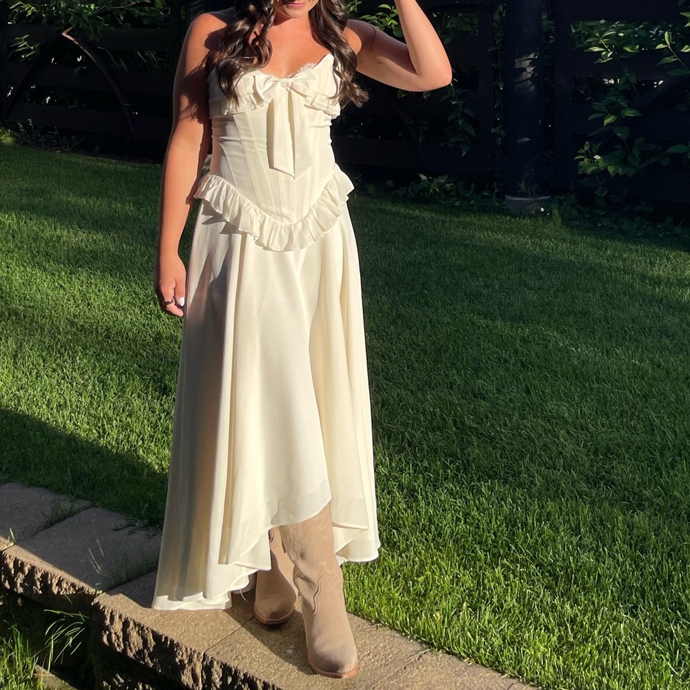 For Love & Lemons Strapless Cream Ruffle High-Low Dress - Picture 3 of 16